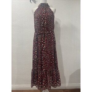NEW Banana Republic Halter Maxi Dress Tie wine red Geometric tiered  evening XS